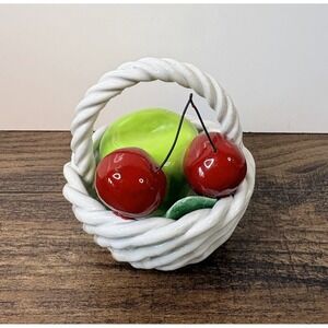 Vintage Small 4" Ceramic Fruit Basket Apple and Cherries Italy Cherry Apples